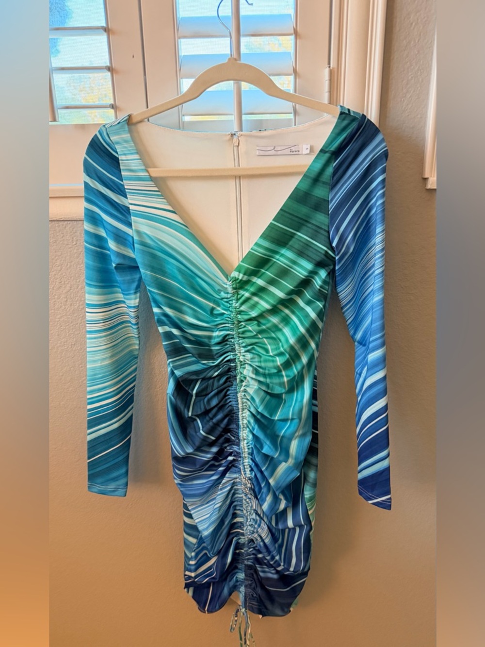 Ruched V-Neck Blue & Green Stripe Bodycon Dress